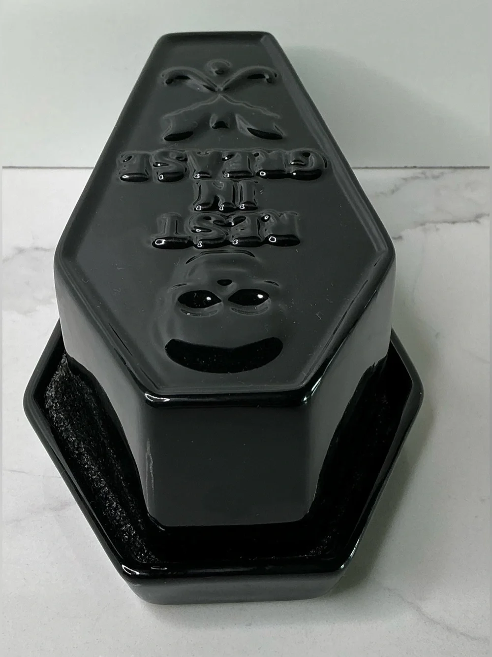 Black Coffin Butter Dish HERE LIES BUTTER - Cobwebs & Caldrons - Halloween New
